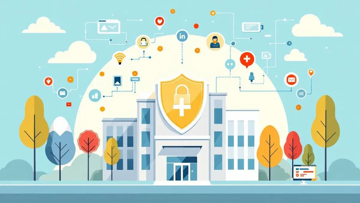 Our Latest News 32 hospital building with shield icons digital security and connected medical devices healthcare cybersecurity vector art